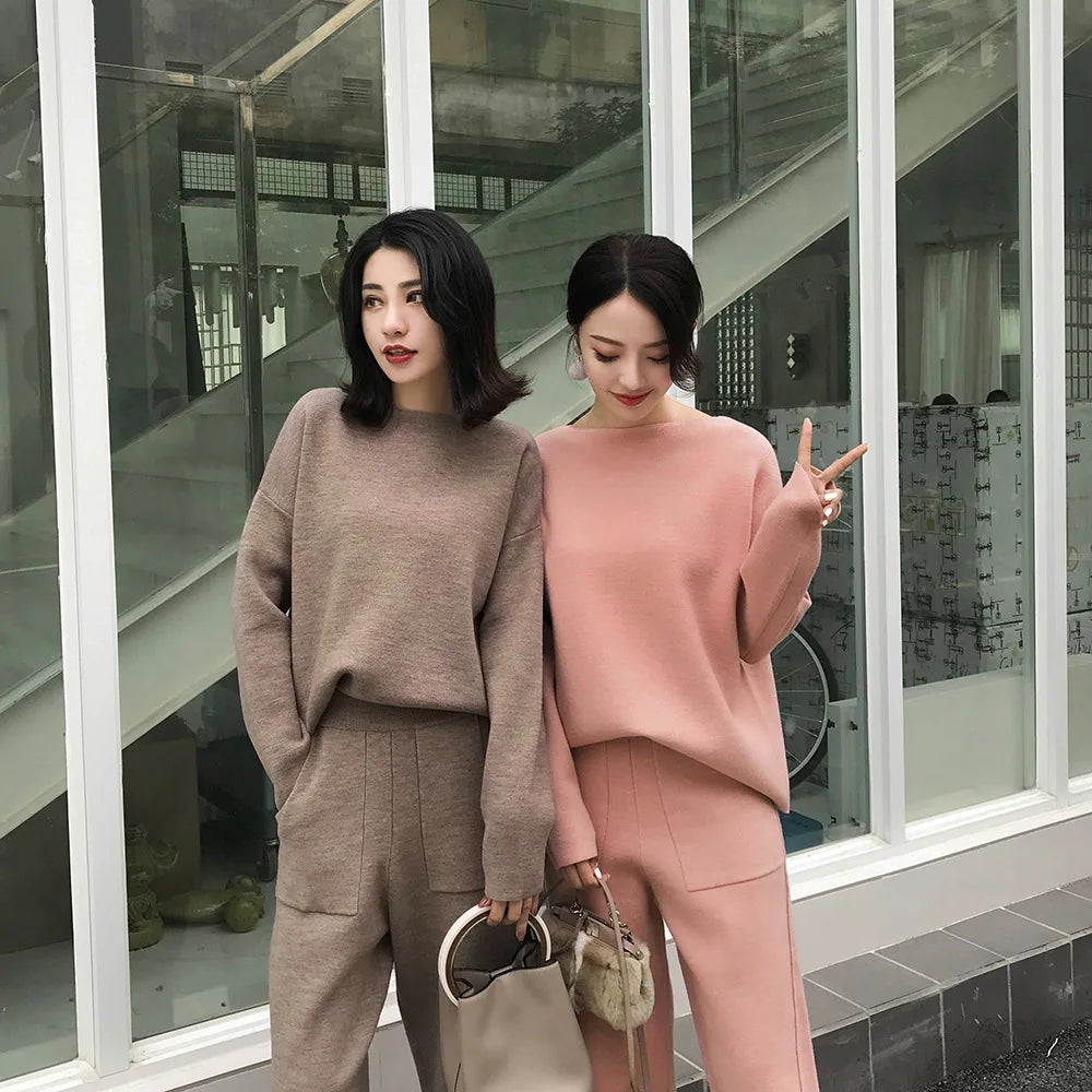 Winter Casual Sweater Tracksuits O-neck Long Sleeve Jumpers & Elastic Waist Pants Female Knitted 2 Pieces Set