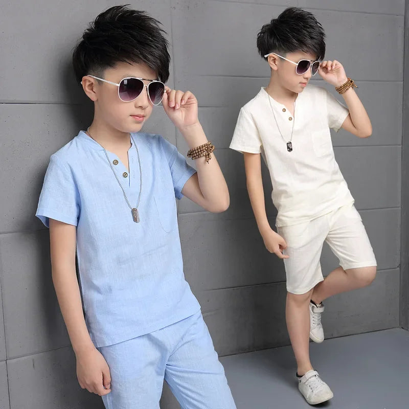Summer Boys Clothing Set Teenage Kids Tracksuit Cotton Short Sleeve T Shirt + Pants Casual Child Boy Clothes