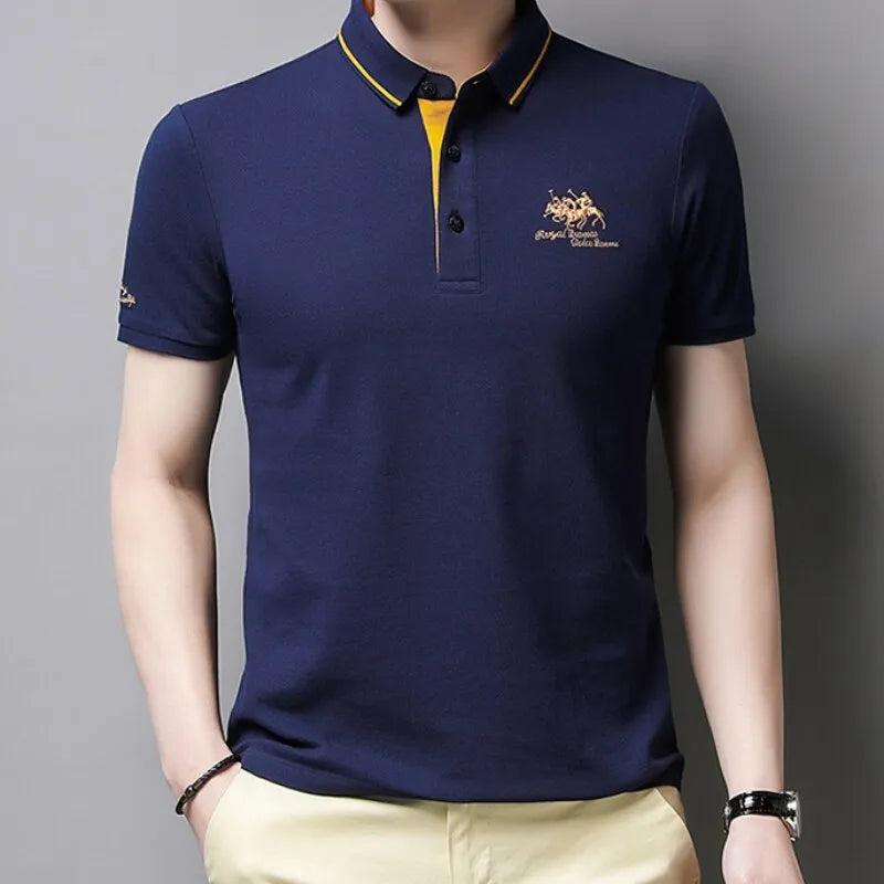 Men's Polo Top With Short Ebroid Sleeves Stylish Business Breathable Casual T-Shirt Stand Collar Quality High-End Summer Attenda