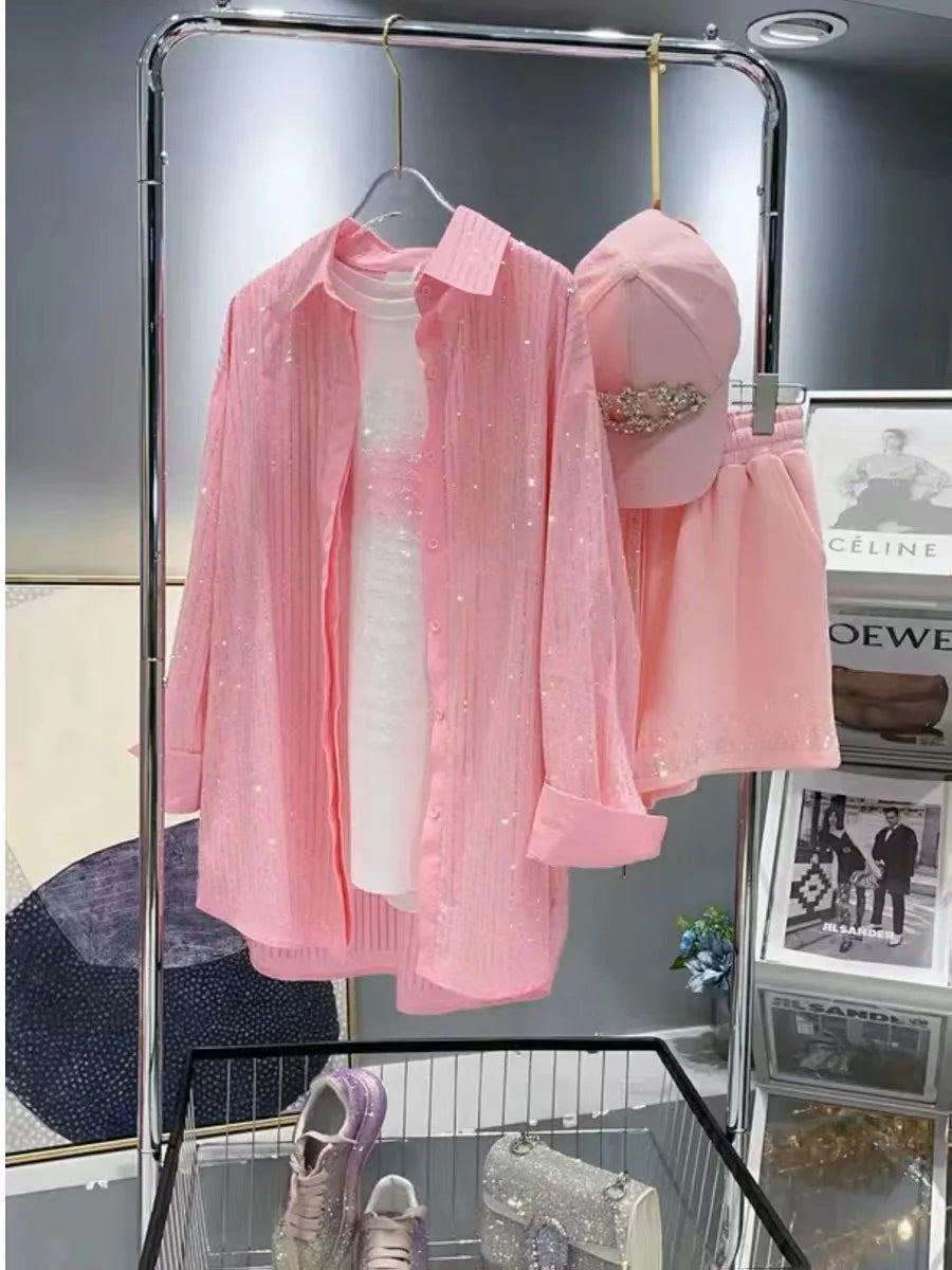 Vertical Stripes Loose Casual Pink Shirts and Blouses For  Women's Long Sleeve Top Blusas