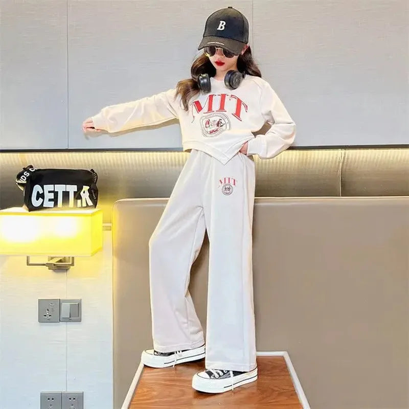 Girls Casual Sports Suit Kids Fashion Printed Letter Irregular Top Long Pants 2 Piece Set 3-15Y  Clothing Trend