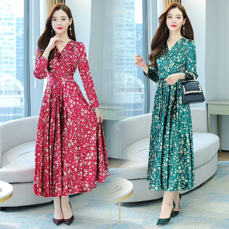 Summer Green Floral Chiffon  Loose Dress for Women Elegant Bodycon Party Dresses  Long Sleeve V-neck Night Long Vestidos