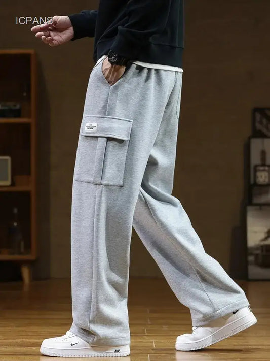 Sweatpants Men Casual Track Pant Male Multi-Pockets Drawstring Cotton Loose Straight Trousers
