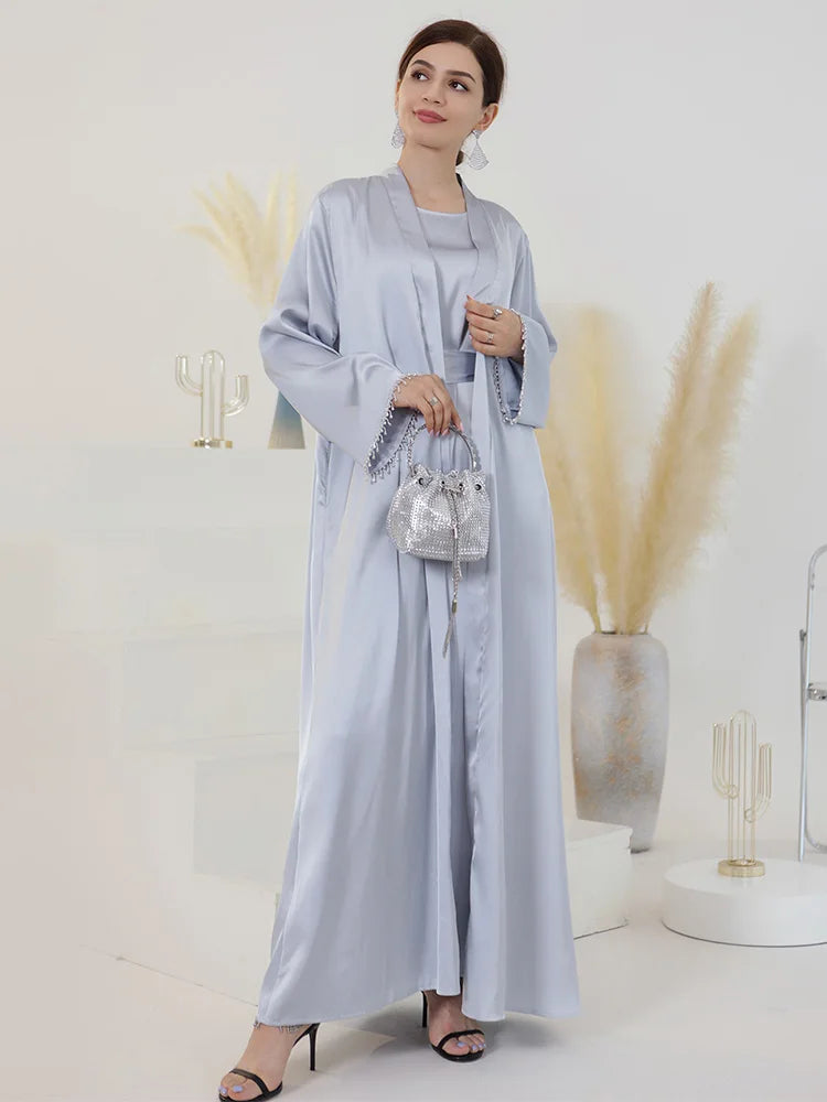 Satin Beading Open Kimono Solid Full Sleeve Sashes Arabic Robe Included Pockets