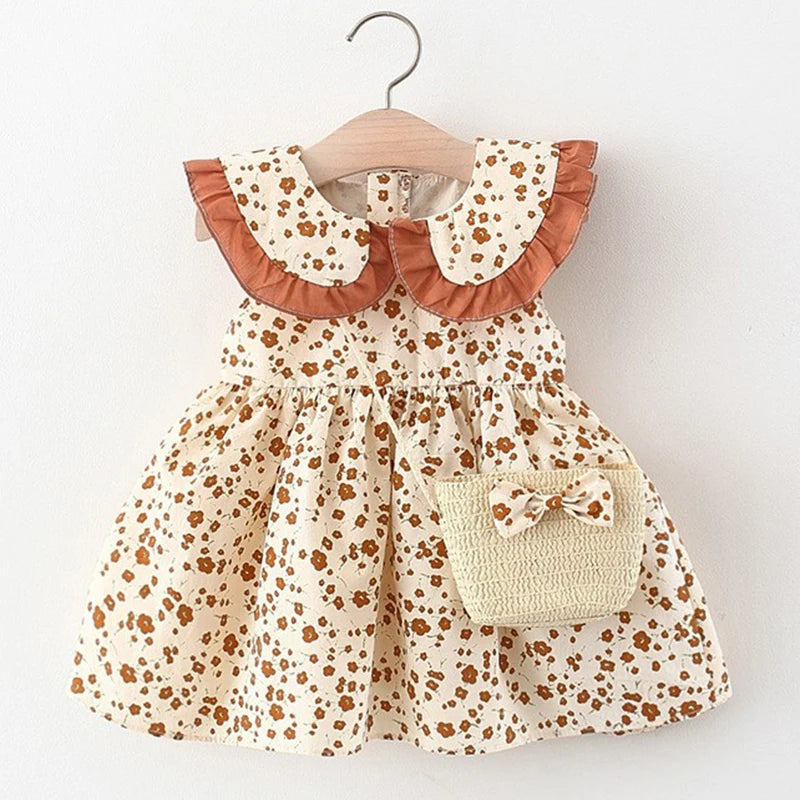 Summer 2Piece Outfit Infant Baby Girl Princess Beach Dress+Bag Cute Print Cotton Sleeveless Toddler Baby Girl Clothes Set
