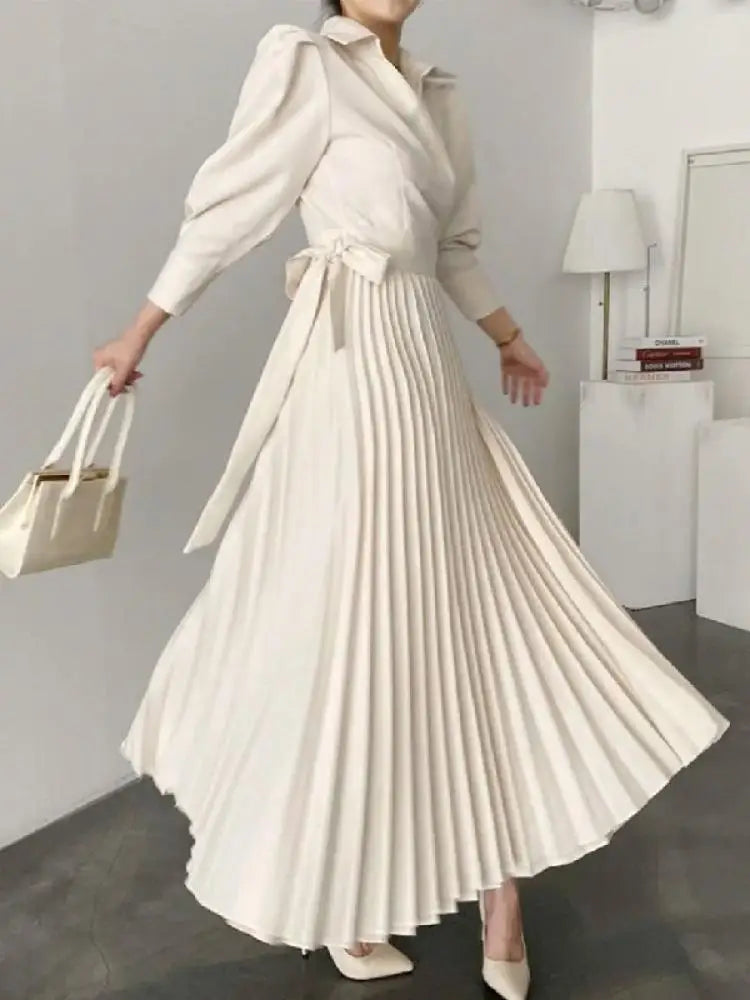 Women Midi Dress  Autumn New  Collar Puff Sleeves High Waisted Pleated Dresses Elegant Evening Party Dress