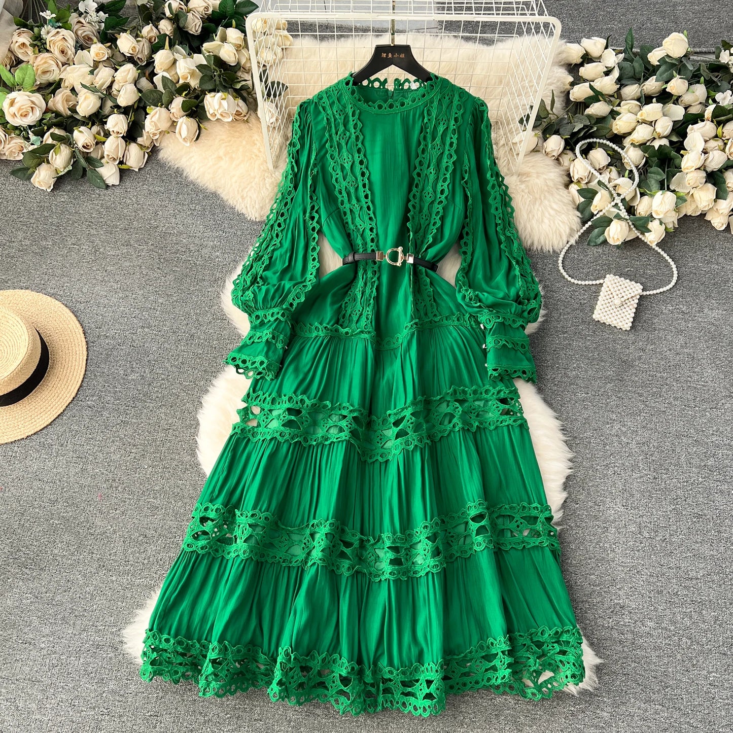 French Vintage Lace Hollow Patchwork Puff Sleeves O Neck Dress Casual Women Fashion Autumn Vacation Dress