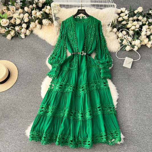 French Vintage Lace Hollow Patchwork Puff Sleeves O Neck Dress Casual Women Fashion Autumn Vacation Dress