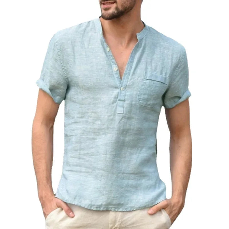 High Quality  Men'S Linen V Neck Bandage T Shirts Male Solid Color Long Sleeves Casual Cotton Linen Tshirt Tops