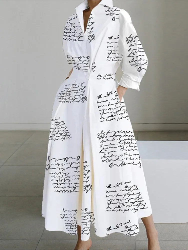 Autumn Turn-down Shirts Midi Dress Long Sleeves , Elegant Pockets Commute