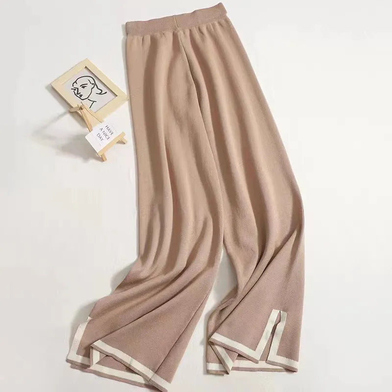 Women Long Sleeve, 2 Piece Suits Casual Woman Knitting Sweater and Split Long Wide Leg Pant Two Pcs Sets