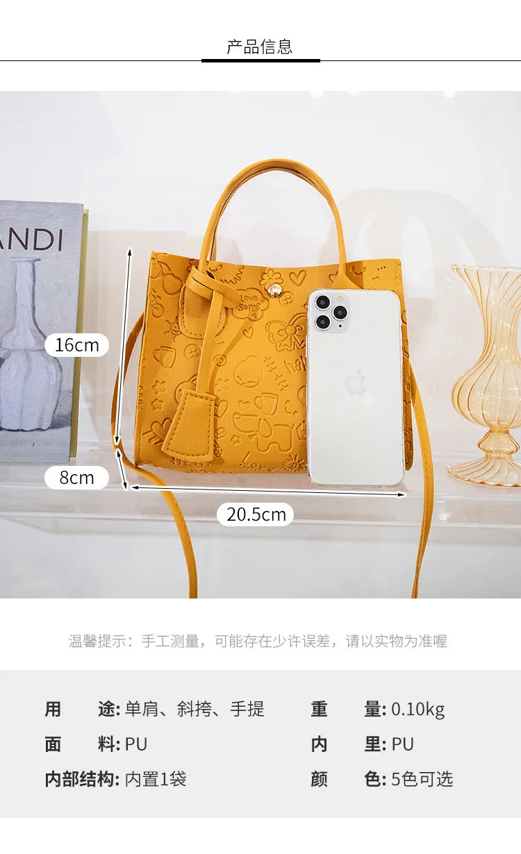 Luxury Cartoon Printing Women's Bag Soft PU Leather Women Shoulder Bag Fashion Handbags Solid Color Casual Crossbody Bags