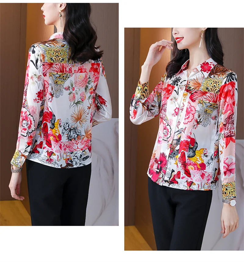 Luxury Blouses Women Vintage Satin Tops Chiffon Long Sleeve Casual Blouse Shirts