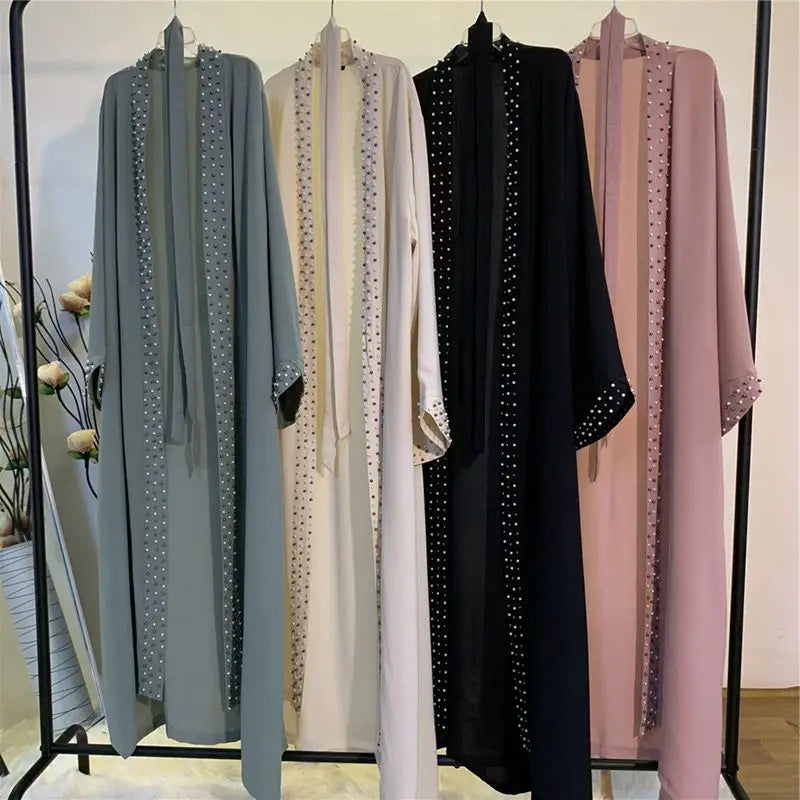 Abaya For Women Elegant Pure Color Muslim Pearl Trim Cardigan Long Sleeves Robe