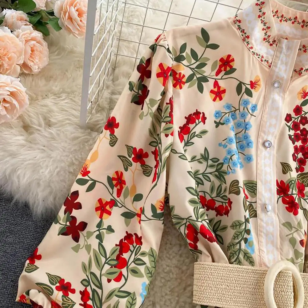 Autumn Runway Maxi Dress Women's Long Sleeve Stand Gorgeous Flower Print Long Dress Female Buttons up Sashes Holidays Dress