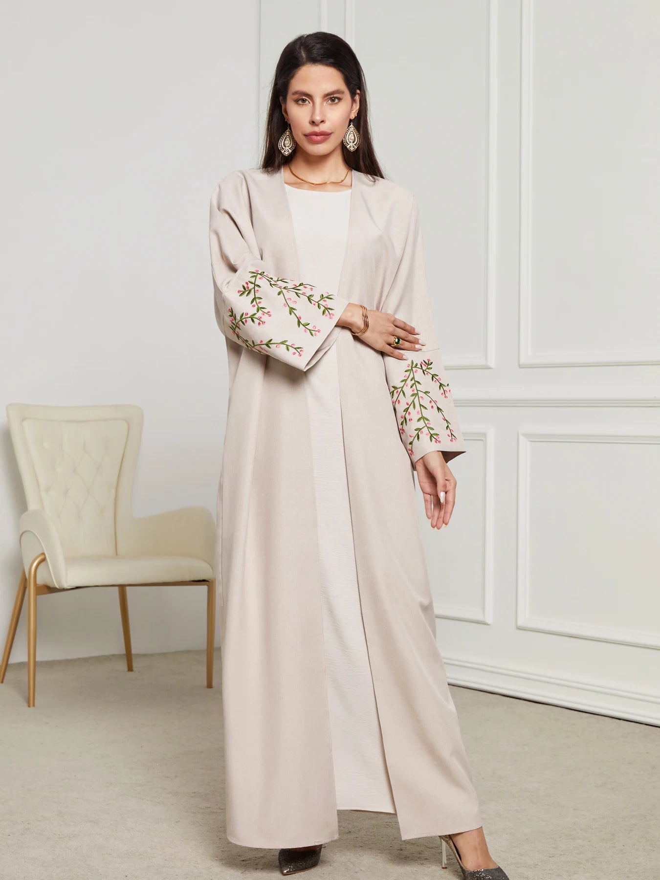 Open Kimono Abaya For Muslim Women Shalwar Kameez Jalabiya Embroidery Long Sleeve Robe