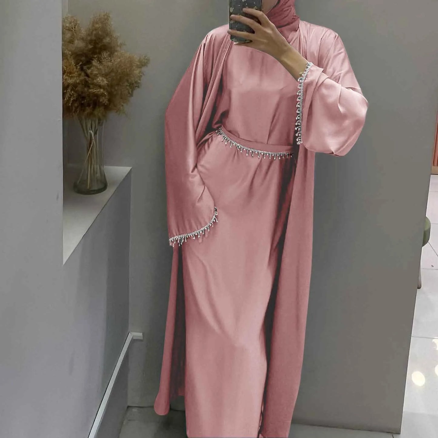 Abayas Set 2 Piece Ramadan Women with 2 Diamond Chains Cardigan Robe Abaya