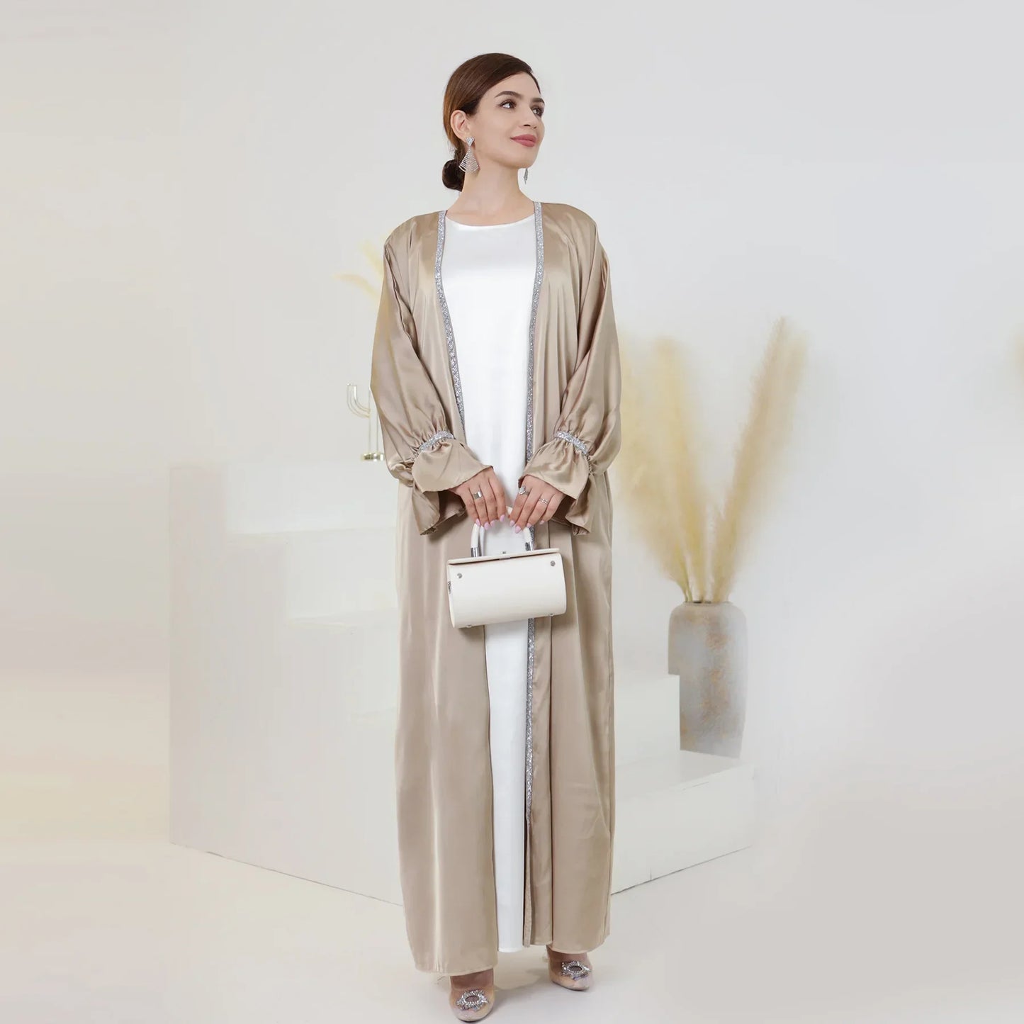 Satin Abaya Kimono Plain Flare Sleeve Beads Abayas for Women Dubai Luxury Turkey Muslim Dress Islamic Clothing Kaftan