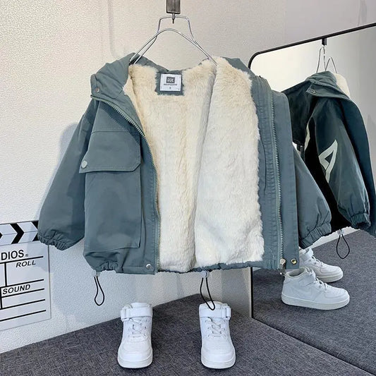 Boys Coat Jacket Outwear Tops Cotton Cool Thicken Plus Velvet Winter Autumn School Gift Overcoat Children's Clothes