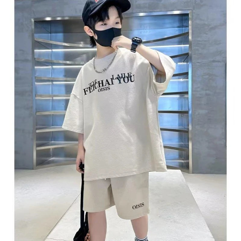 Children 9-12Y Boy Summer Clothes Fashion Short Sleeve Letter Tshirt Top and Short Bottom 2pcs Outfit Teenage Casual Tracksuit