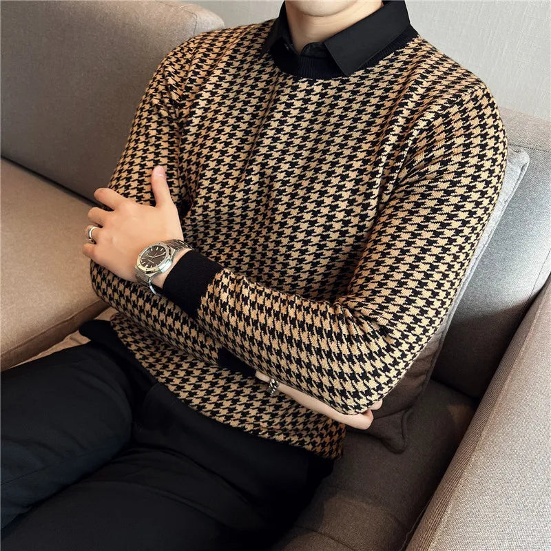 Men Winter Thermal Knitting Sweater/Male Slim Fit High Quality Shirt Collar Fake two Piece Pullover Sweatres