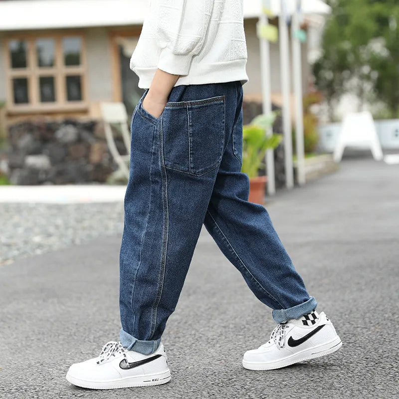 Boys 3-14 Years Jeans Kids Blue Fashion Plain Pants Denim Trousers Kids Clothes
