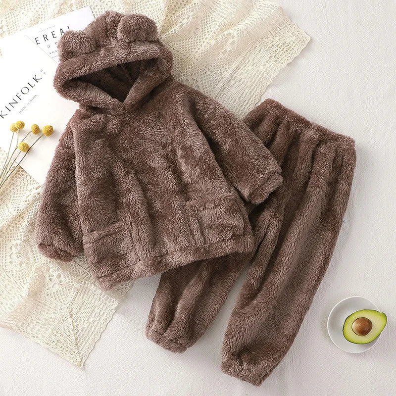 Autumn Winter Warm Plush Boys Clothing Sets Fashion Flannel Hooded Top + Pants Girls Suits Birthday Kids Clothes