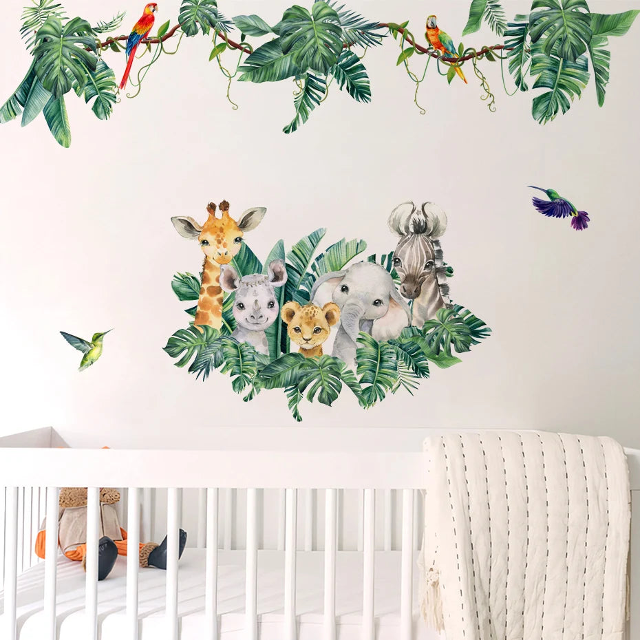 Cartoon Cute African Animals Elephant Lion Leaves Wall Stickers for Kids room Baby Room Decor Home Decor Wall Decals Art Murals home