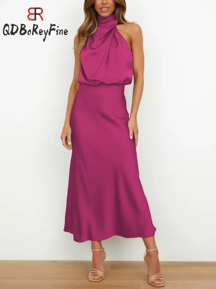 Satin Silk Women Dresses Sexy Evening Party Sleeveless Off Shoulder Bodycon Elegant Maxi Dresses for Women  Summer Wedding