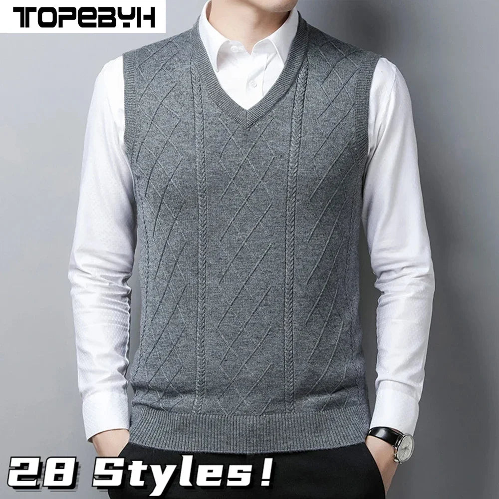 New Style Wool Knitted Vest Men's  Solid Color Casual Knitted Vest Pullover Sweater