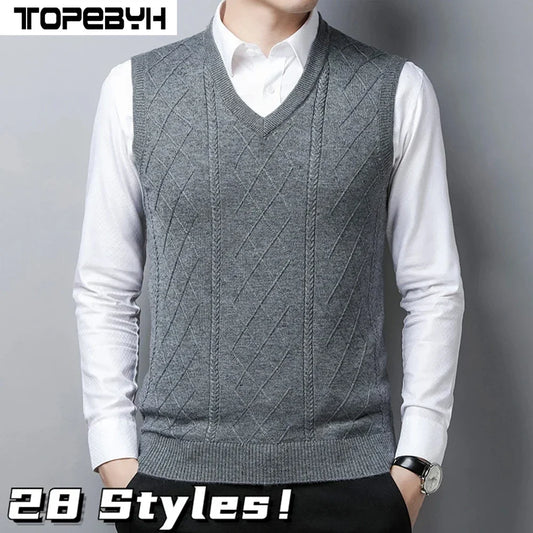 New Style Wool Knitted Vest Men's  Solid Color Casual Knitted Vest Pullover Sweater
