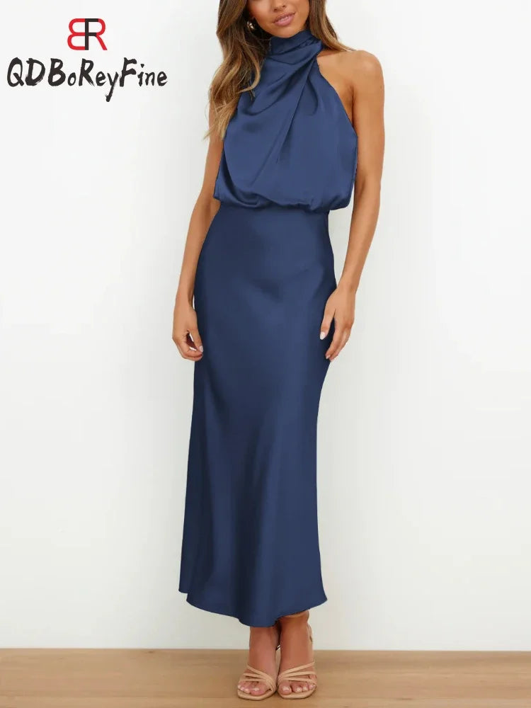 Satin Silk Women Dresses Sexy Evening Party Sleeveless Off Shoulder Bodycon Elegant Maxi Dresses for Women  Summer Wedding