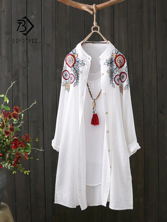 Women Vintage Floral Embroidery Cotton White Long  Shirt Stand Collar Button Up Blouse Casual Wear Basic Loose Tops