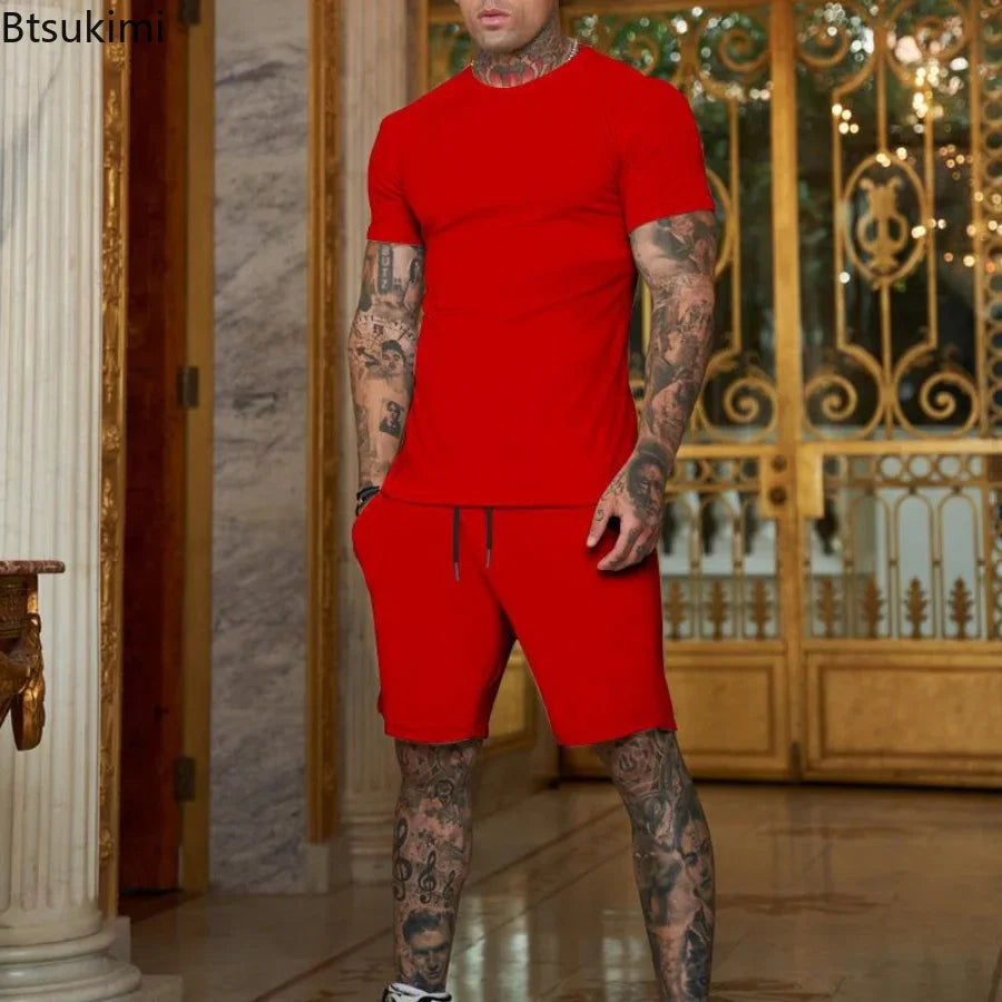 Summer 2PCS Tracksuit for Men Short Sleeve T-Shirt+Shorts 2 Piece Set Sports Suit Men Solid Gyms Fitness Sportswear Sets