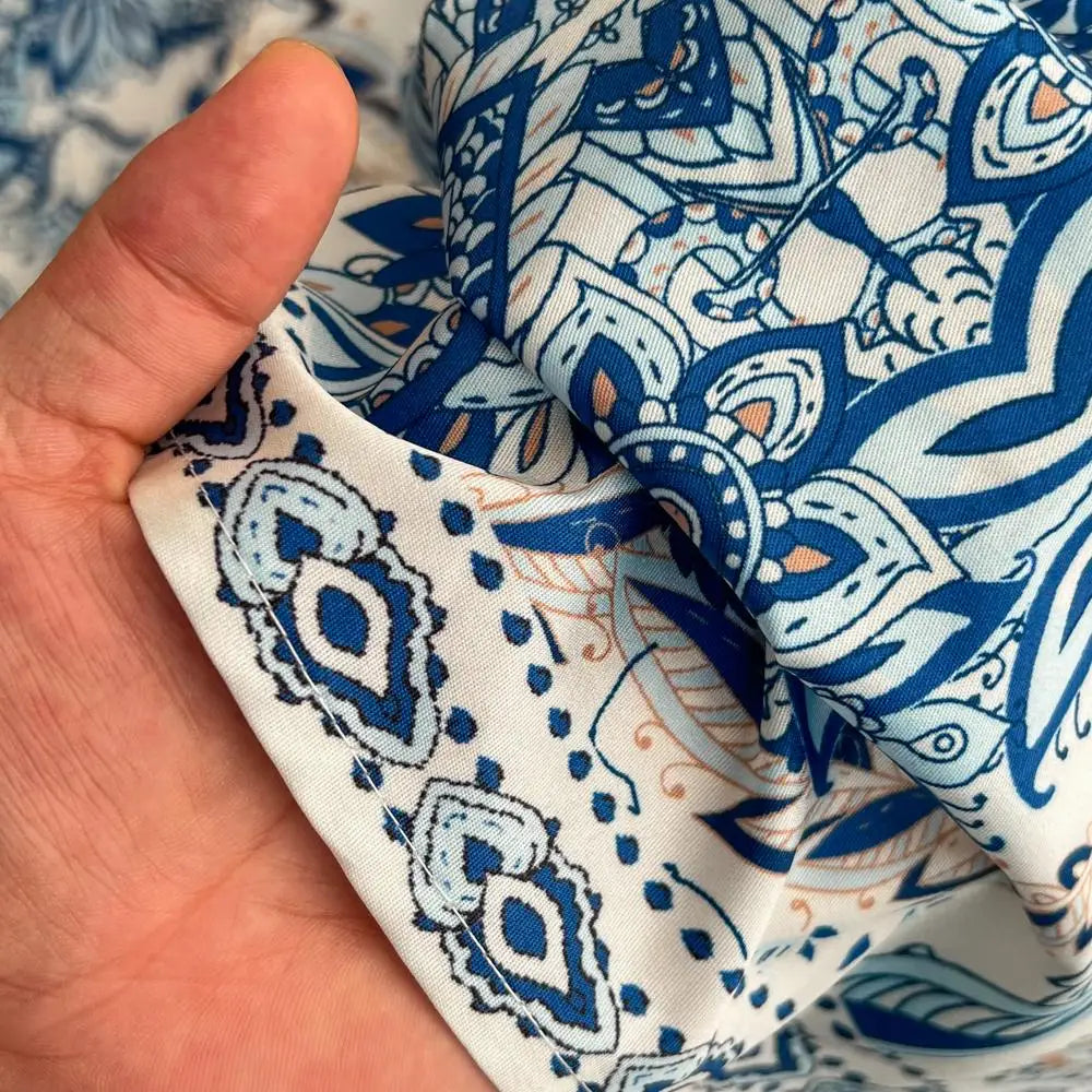 Autumn Runway Blue Flower Dress Women's V-Neck Long Puff Sleeve Single Breasted Floral Print Belt Boho Maxi Party Vestidos
