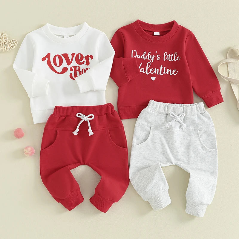 Infant Baby Boy Valentine's Day Outfits Long Sleeve Shirts Letter Print Sweatshirt with Red Pants Set0-3Y