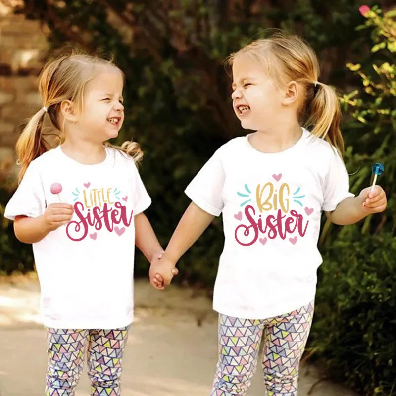 Big and Little Sister Matching T-shirt Round Neck Girl's White T-shirt Baby Girl Bodysuit Sister Outfit Toddler Girl Clothes