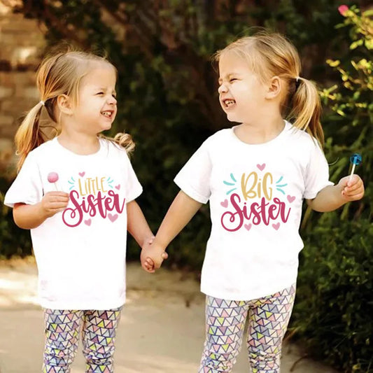 Big and Little Sister Matching T-shirt Round Neck Girl's White T-shirt Baby Girl Bodysuit Sister Outfit Toddler Girl Clothes