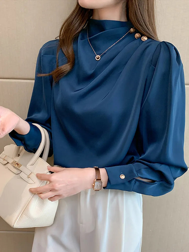 Women Shirt Long Puff Sleeve Satin Chiffon Tops Elegant High Collar Blouses Red White Blue Ladies Tops Blusas