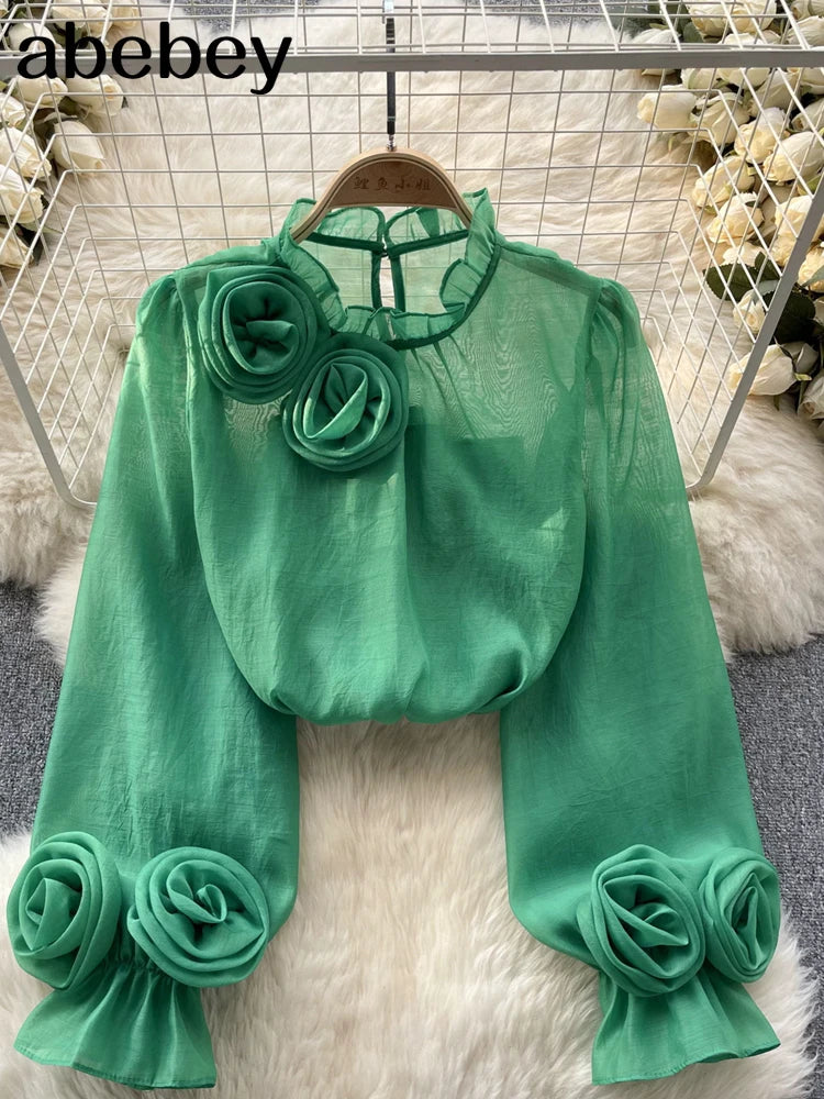 Ruffle Chiffon Blouse Summer Women Lantern Sleeve Fashion Loose Vacation Ladies Casual Chic Tops