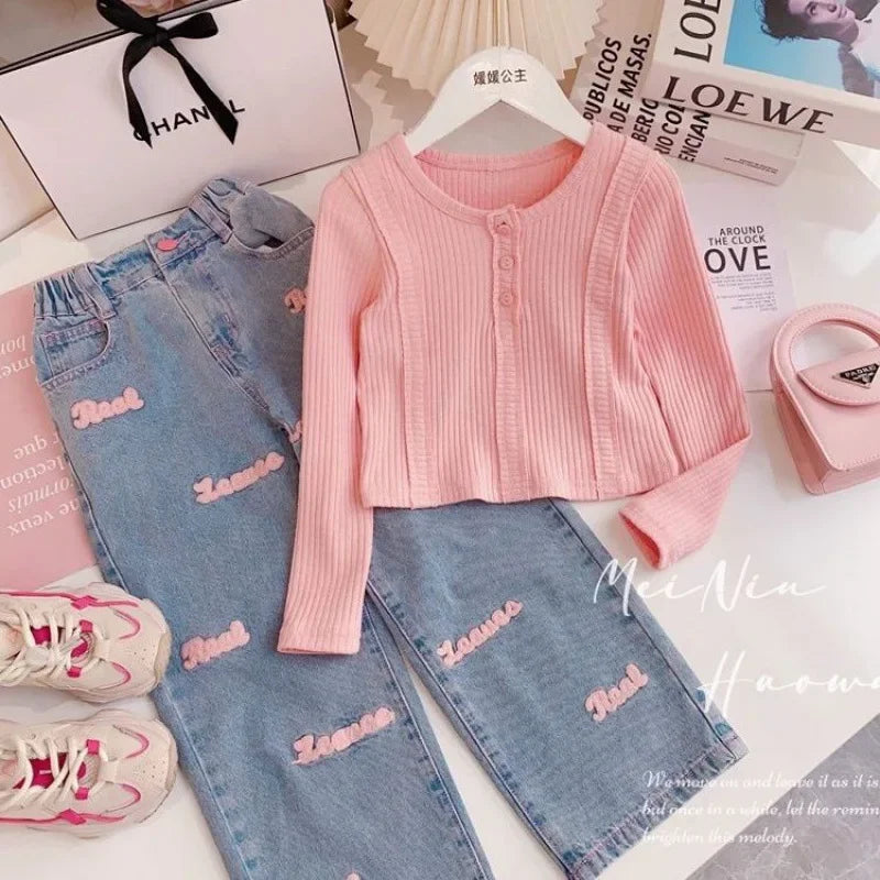 Girls' Set  Autumn Spring New Girls' Knitted Sweet Top+Letter Decal Jeans Two Piece Set Cute Little Girl Kids Fashion Sets