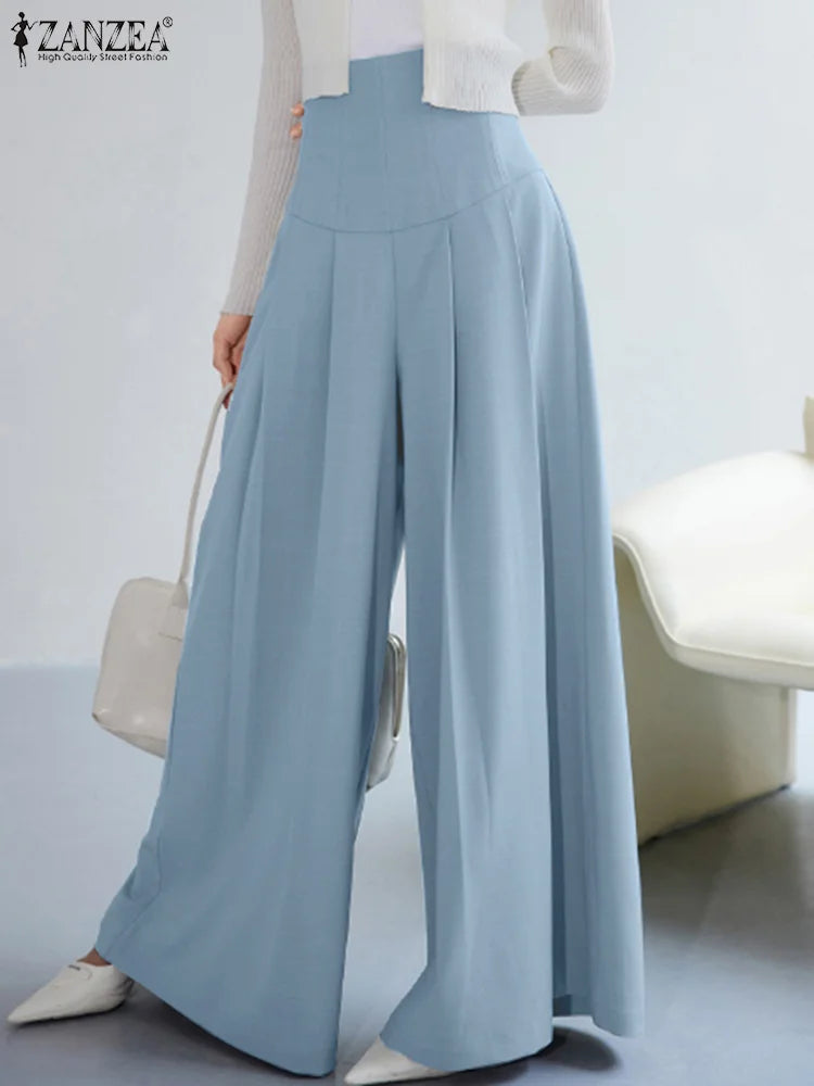 Elegant Women Pants Fashion Pleated Wide Leg Pants Casual Elastic High Waist Long Trousers Solid Party Thin Pantalon