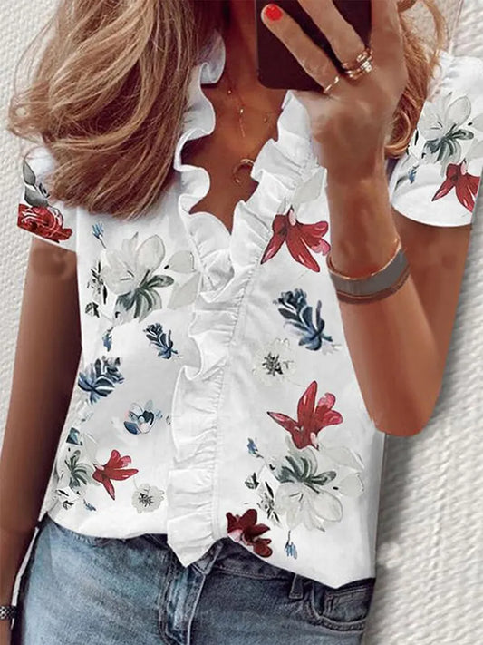 Casual Short Sleeve V Neck Ruffles Blouses Elegant Shirts Summer Vintage  Loose Tops Female Boho Tunic