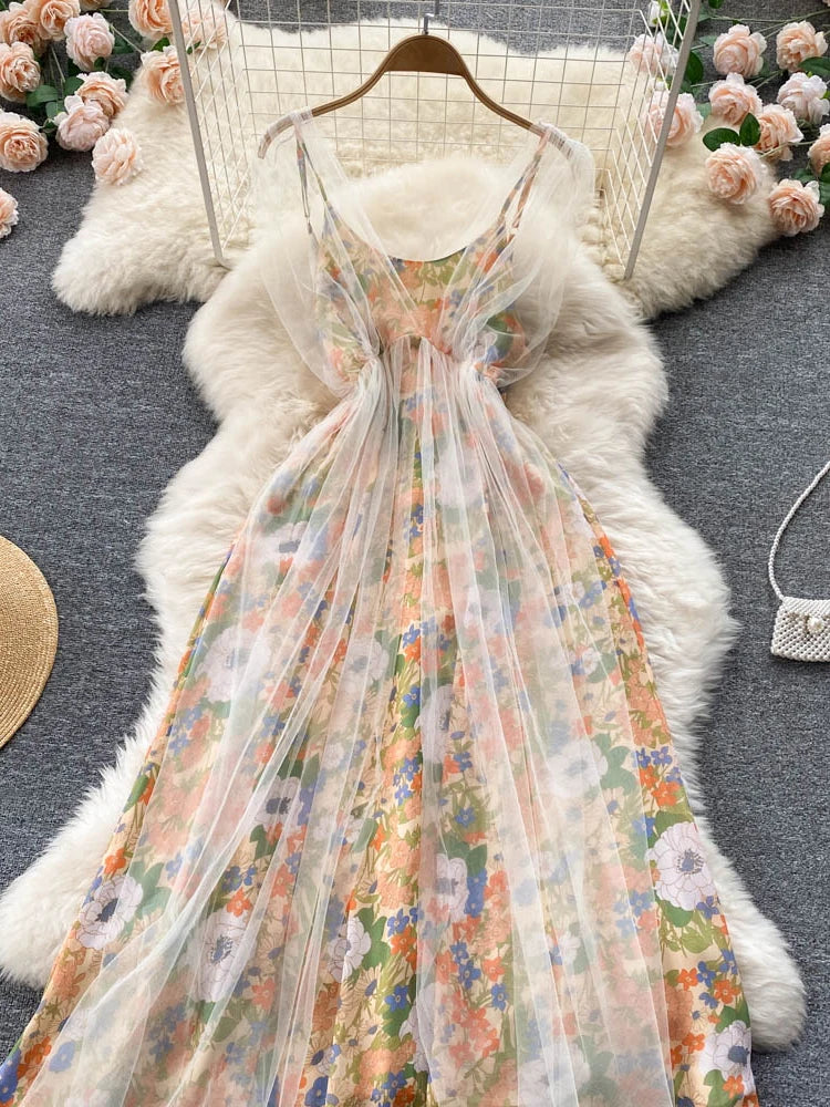 Women  Suspender Skirt Barbed Wire Gauze A-line Skirt Waist Thin and Gentle French Floral Dress  Female