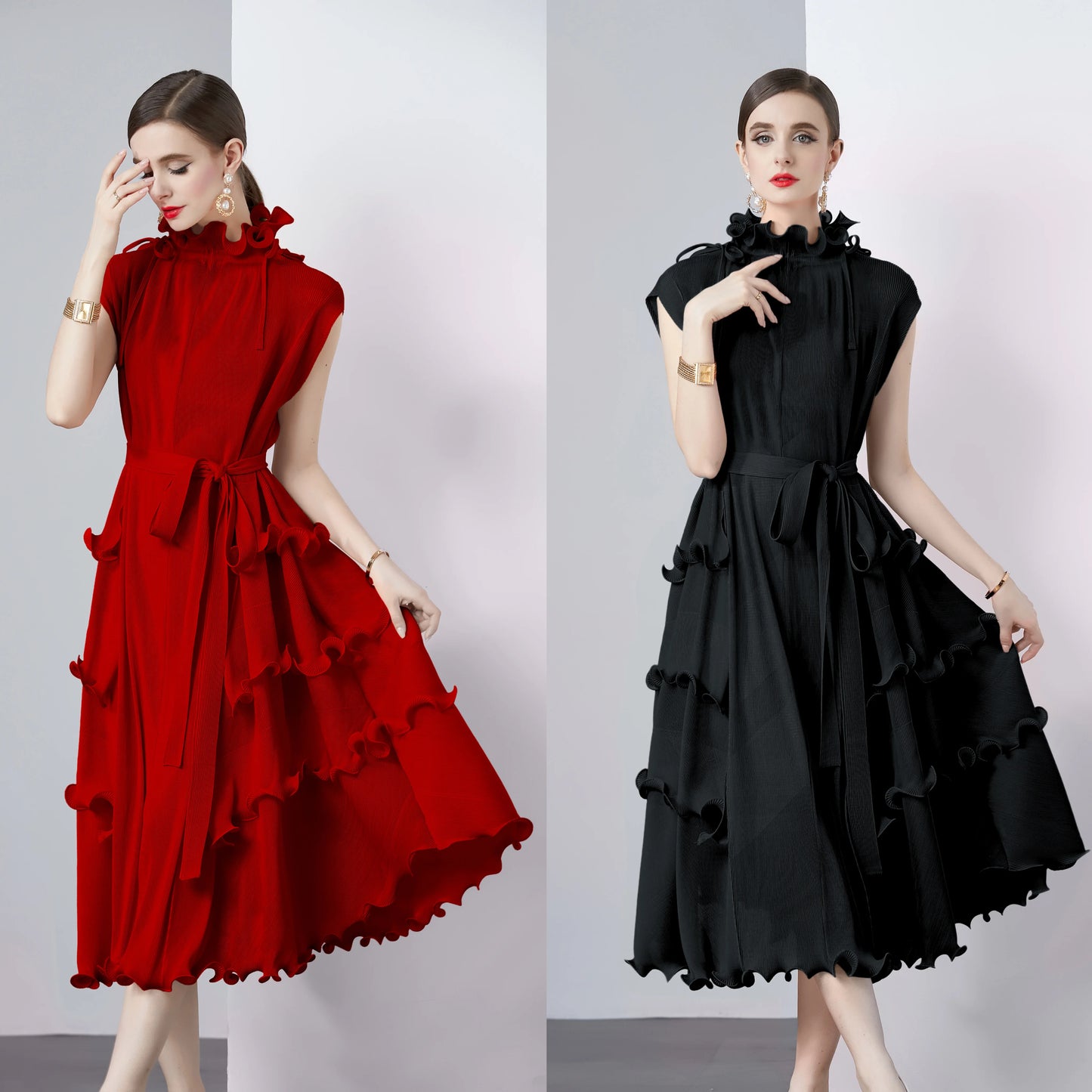 Elegant Pleated Dress For Women's Ruffles Stand Collar Sleeveless Belt High Waist A-Line Dress  Fashion New Clothing