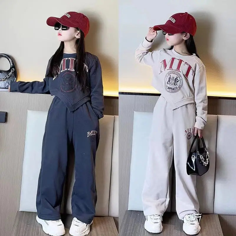 autumn kids Girls Clothes Suit Child irregular letters sweatshirt t-shirt + straight loose pant Tracksuit 8 9 10 11 12 year