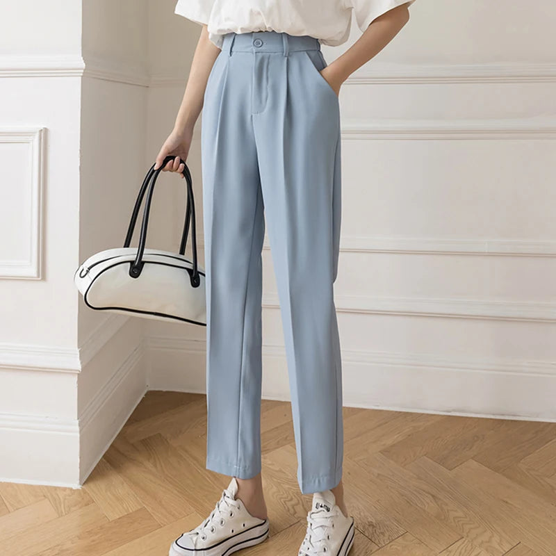 Fall Spring Black Suit Haren Pants Women Fashion Elastic High Waist Casual Trousers Woman Korean Style Solid Office Pant