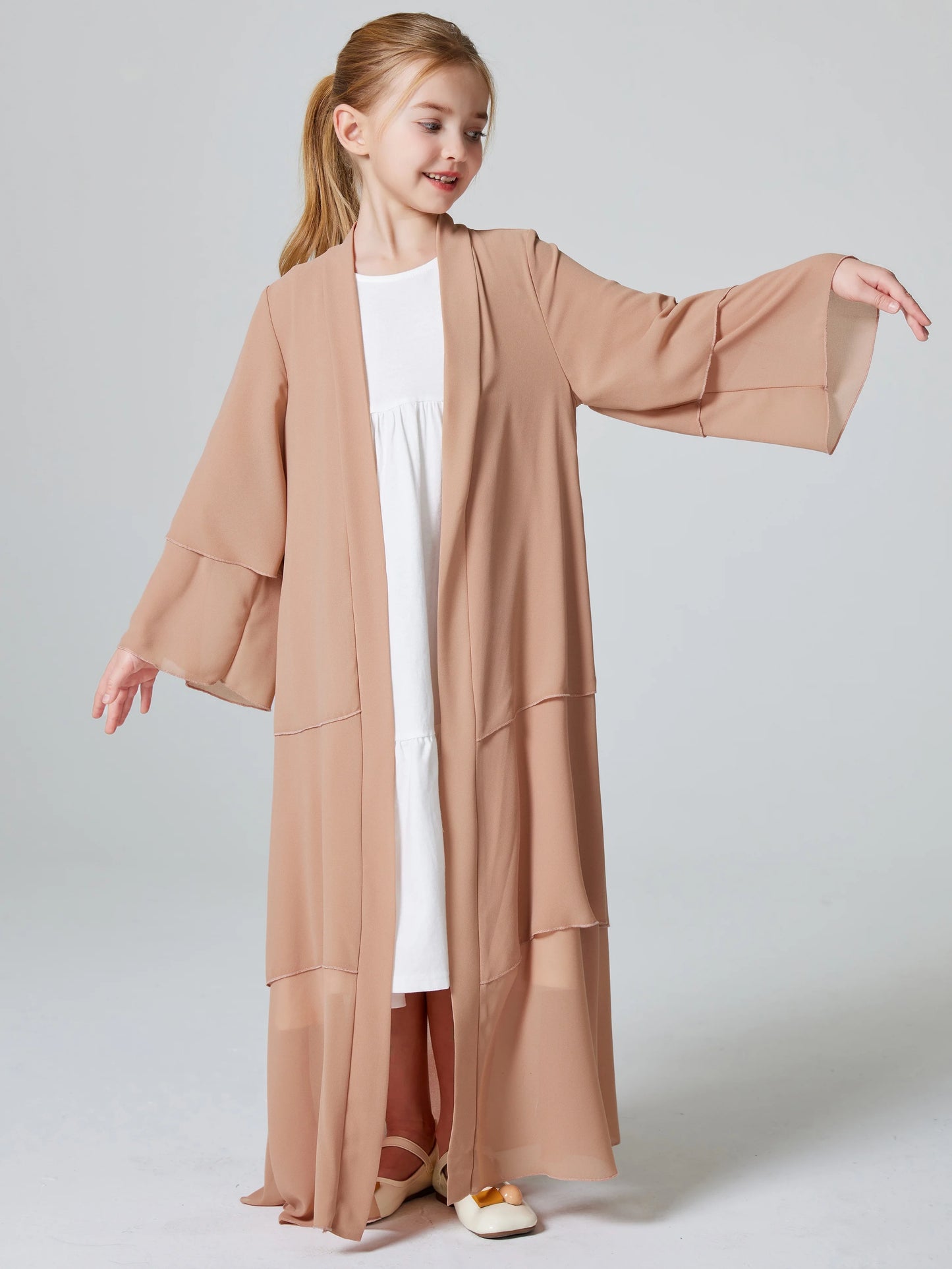 Ramadan  Muslim Girls 3 Layered Chiffon Kids Abaya Dress Open Front Abaya Kebaya Outerwear (Without Hijab)