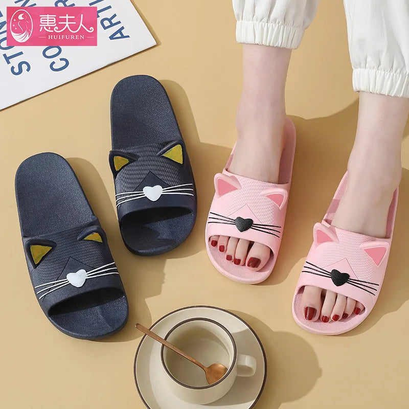 New Summer Slippers Women Home Shoes Sandals Cartoon Cats Flip Flops Men Couple's Soft Sole Bathroom Slippers Zapatillas