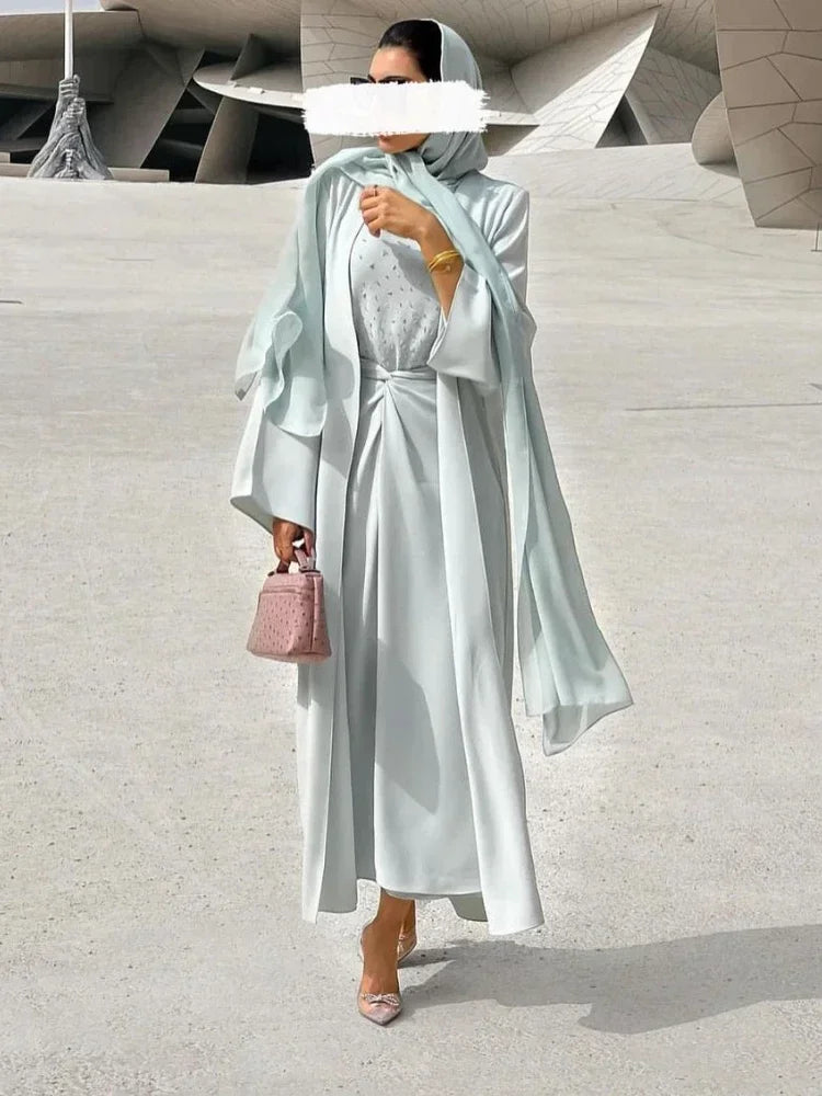 Eid 3 Piece Abaya Kimono Wrap Front Maxi Skirt Matching Set Women Muslim Hijab Dress Nida Beads Islam Outfit Kaftan